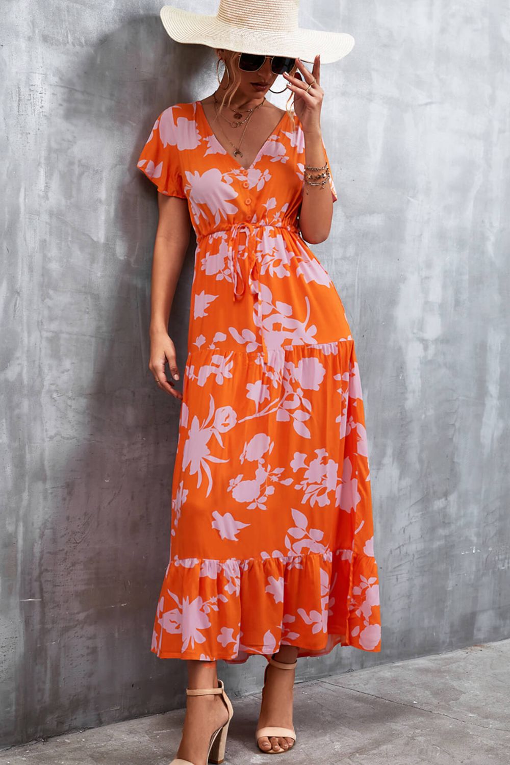 Floral Buttoned Drawstring Waist Tiered Dress