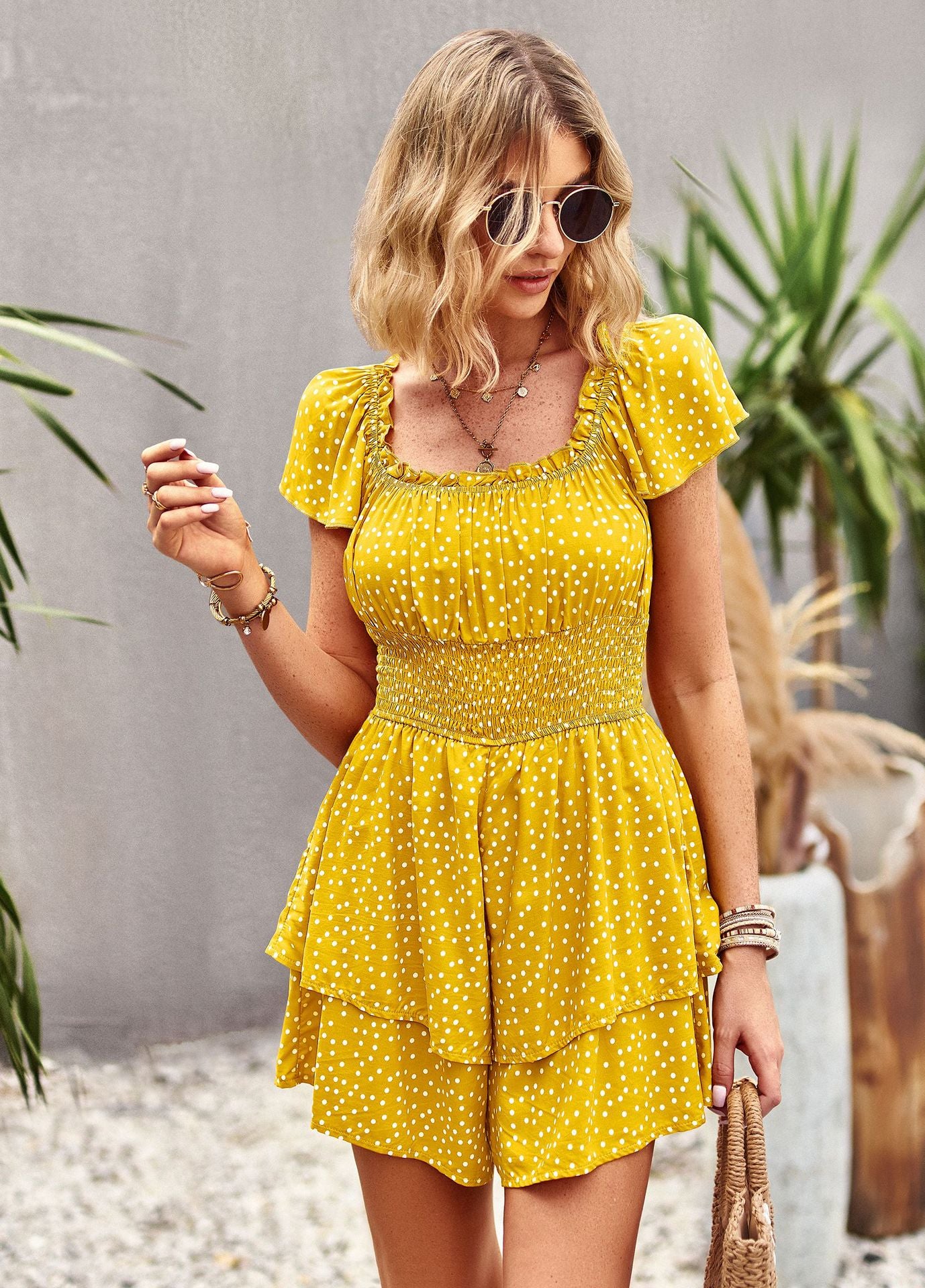 Printed Frill Trim Square Neck Romper